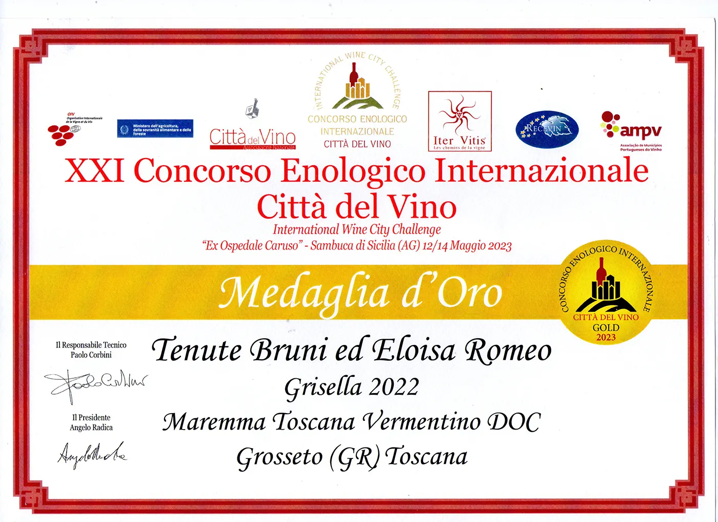 Concorso Enologico Internazionale Città del Vino 2023 premiato Grisella Maremma Toscana DOC