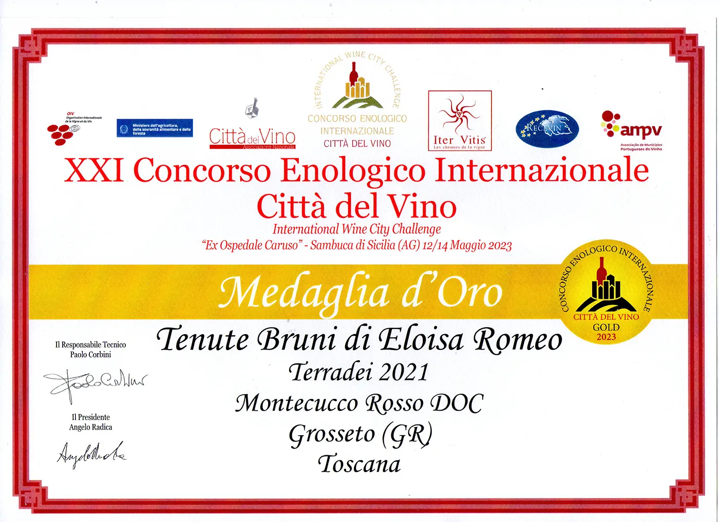 Concorso Enologico Internazionale Città del Vino 2023 premiato TerraDei Montecucco DOC