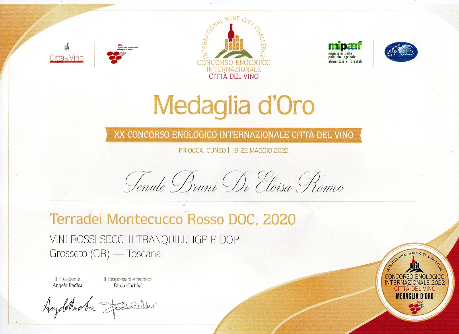 Concorso Enologico Internazionale Città del Vino 2022 premiato TerraDei Montecucco DOC